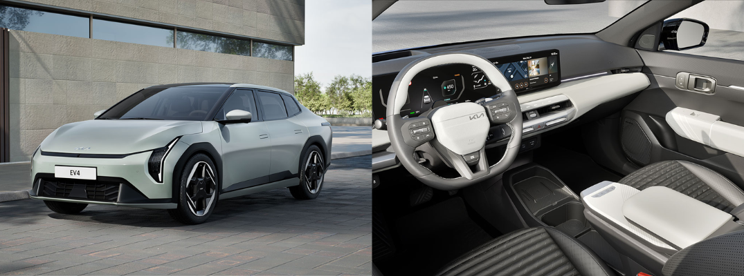 L: Exterior of the 2026 Kia EV4 R: Interior of the 2026 Kia EV4